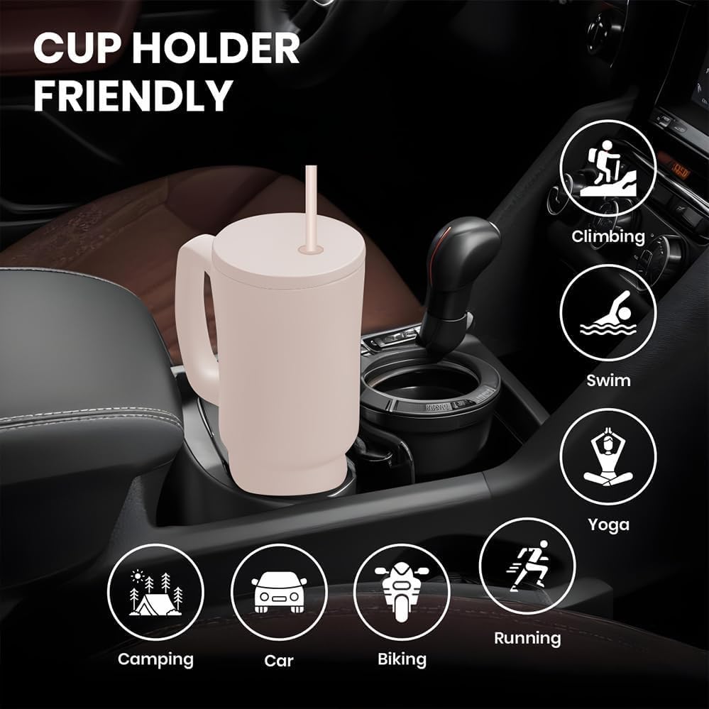 Stainless Steel Travel Tumbler with Handle & Straw, Leakproof Coffee Mug with Lid, 1200ML Large Capacity Drinking Cup, Car Cup Holder Friendly Reusable Tumbler with Brush