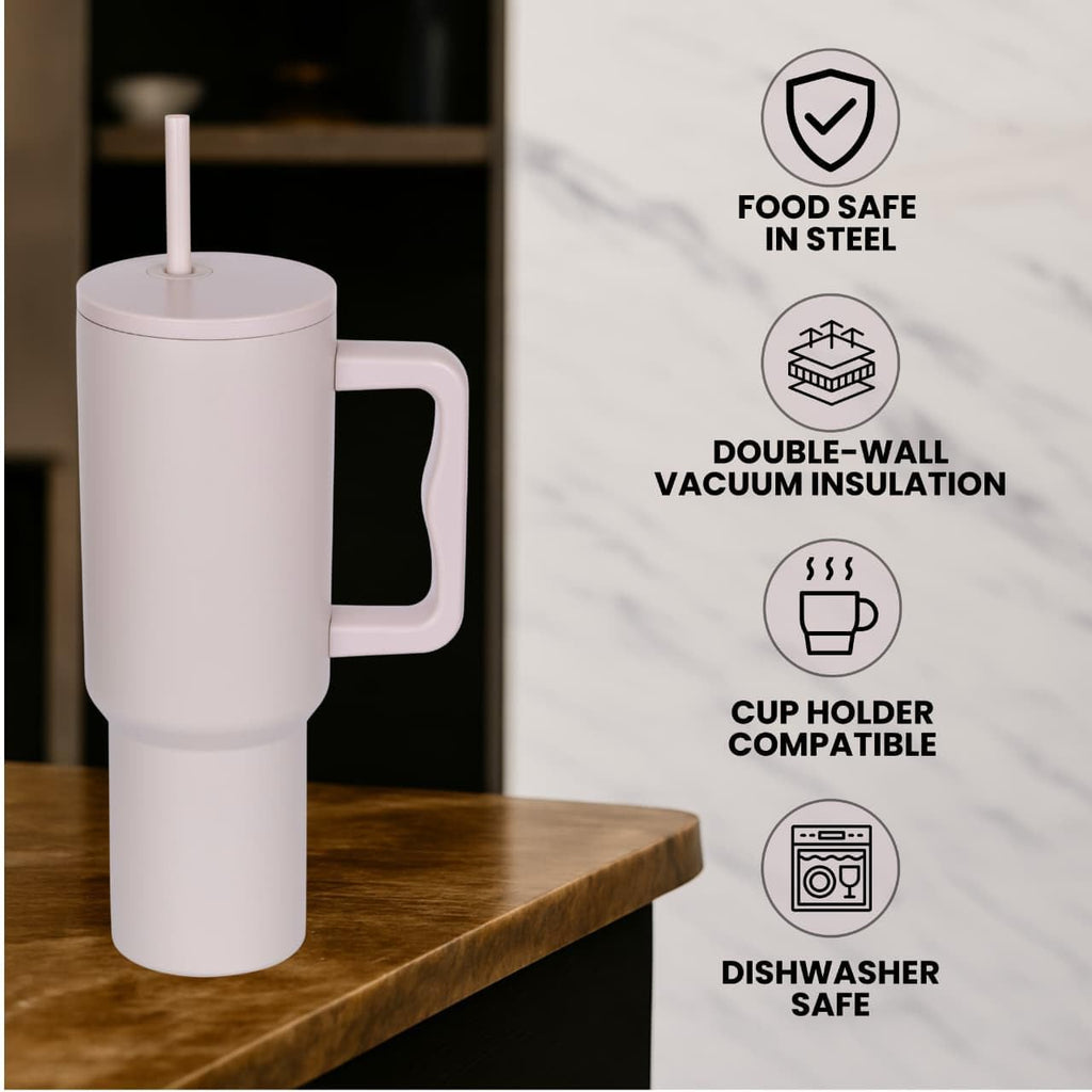 Stainless Steel Travel Tumbler with Handle & Straw, Leakproof Coffee Mug with Lid, 1200ML Large Capacity Drinking Cup, Car Cup Holder Friendly Reusable Tumbler with Brush