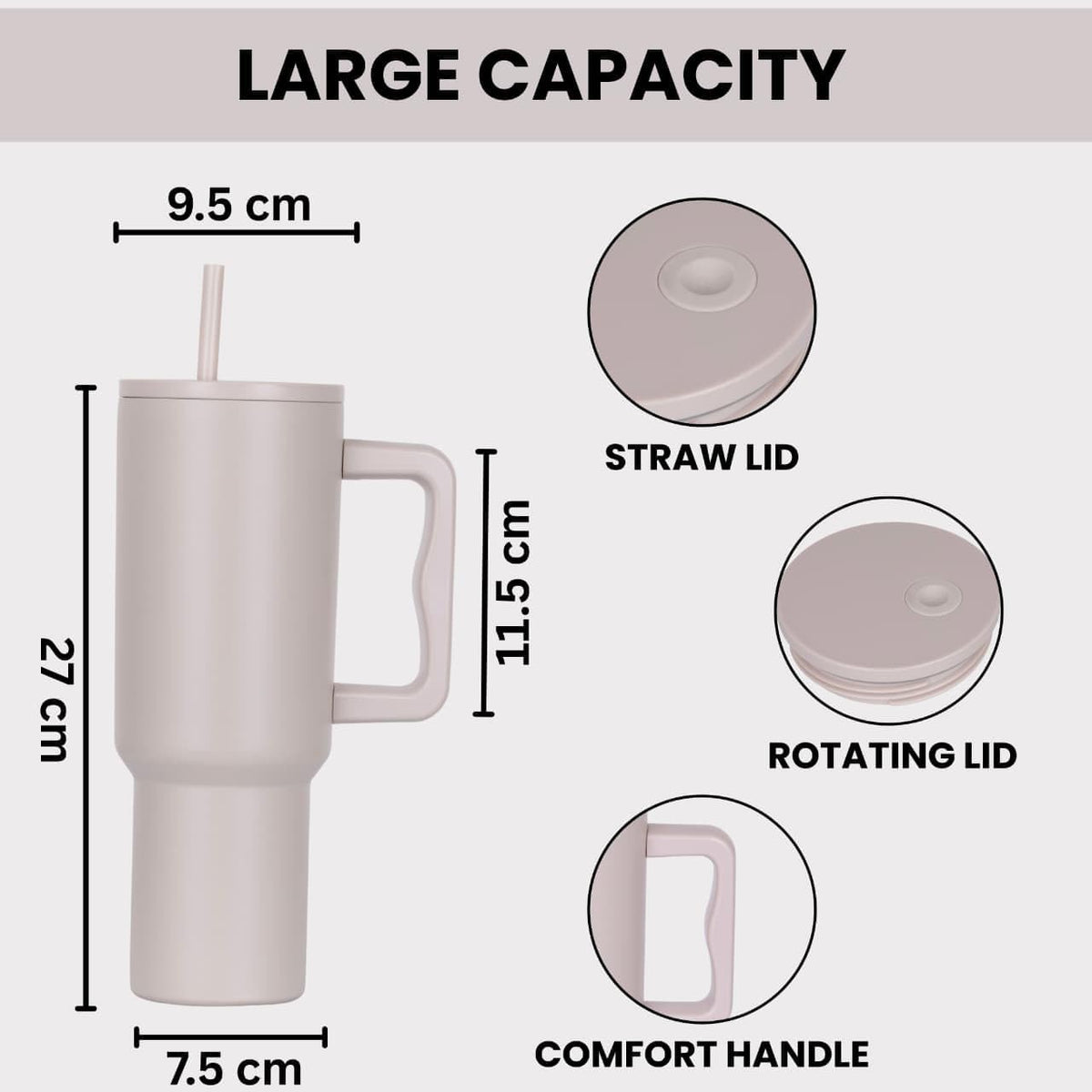 Stainless Steel Travel Tumbler with Handle & Straw, Leakproof Coffee Mug with Lid, 1200ML Large Capacity Drinking Cup, Car Cup Holder Friendly Reusable Tumbler with Brush