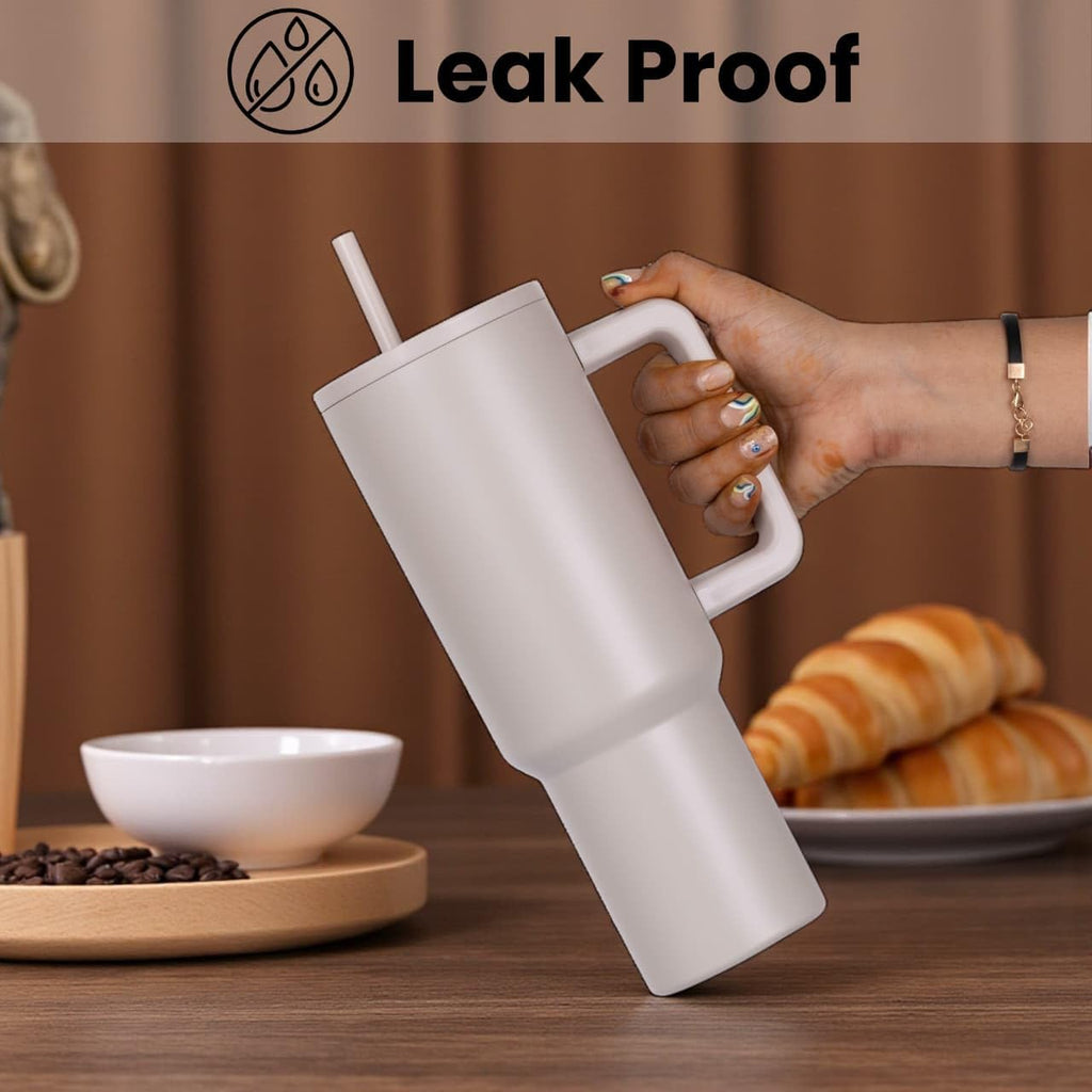 Stainless Steel Travel Tumbler with Handle & Straw, Leakproof Coffee Mug with Lid, 1200ML Large Capacity Drinking Cup, Car Cup Holder Friendly Reusable Tumbler with Brush